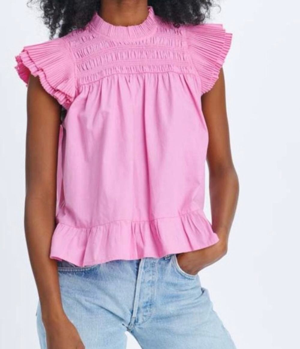 Anthropologie Love the Label Poppy Top size with pleated flutter sleeves